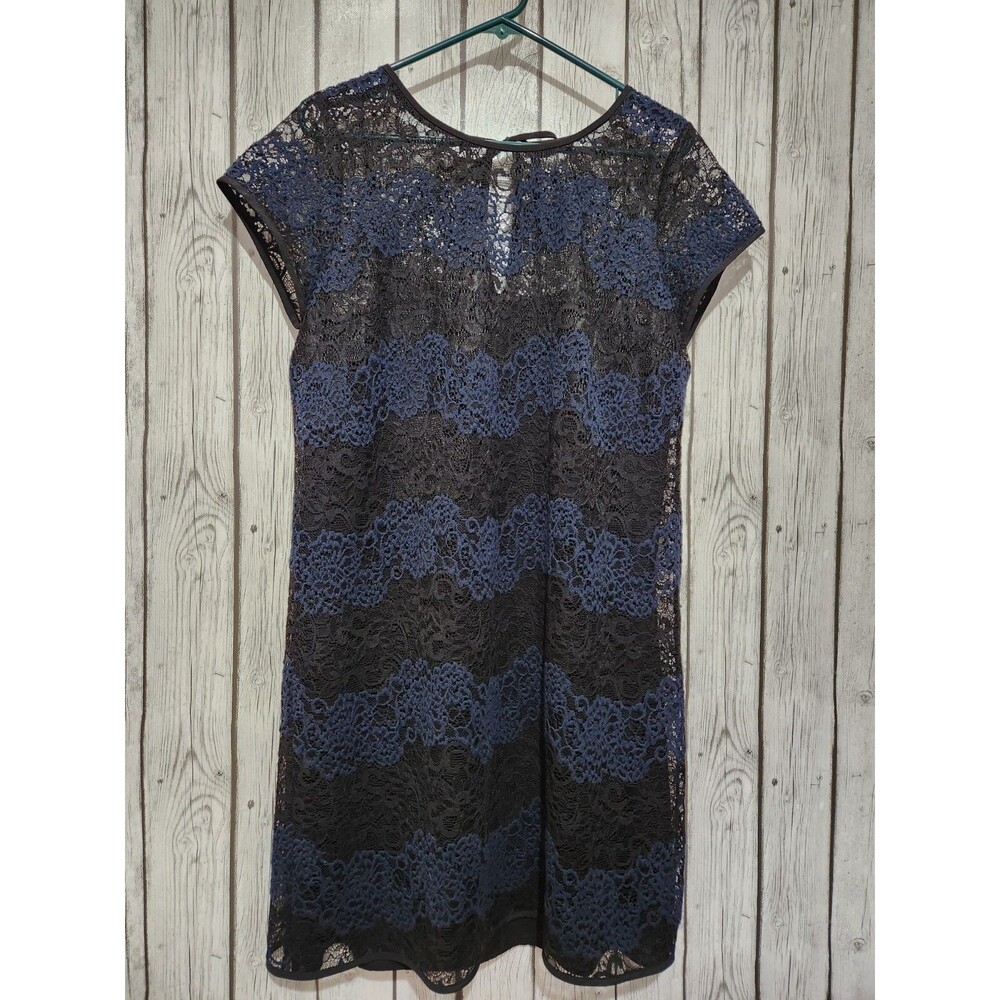 Loft Lace Dress Size 12 Cami Linning Blue Black Back Cutout Tie Semi Sheer Fem